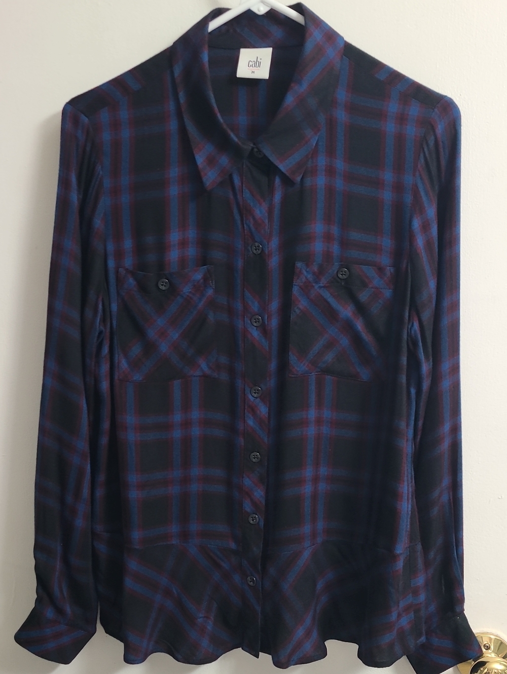 Cabi "Moody Plaid" Women's Button up Long Sleeves Blue/Purple/Black Shirt Sz M
